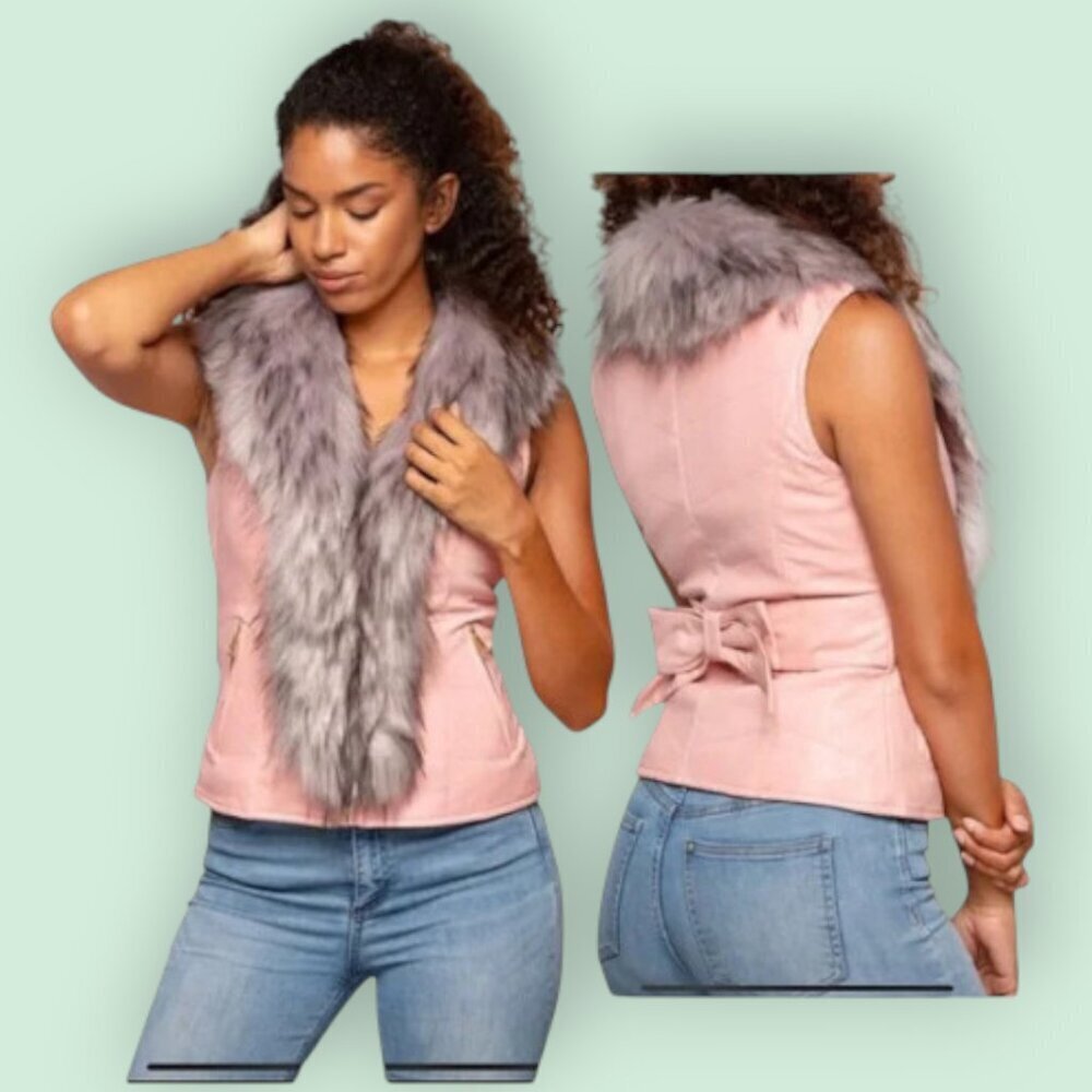 Luxurious Silvery Fur Trim Soft Glove Tanned Quilted Vegan Leather Lined Vest